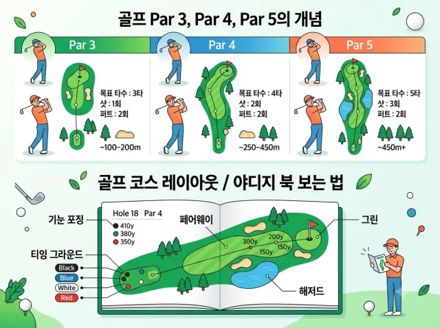 골프장 코스 파3, 파4, 파5의 개념에 대한 설명 이미지
