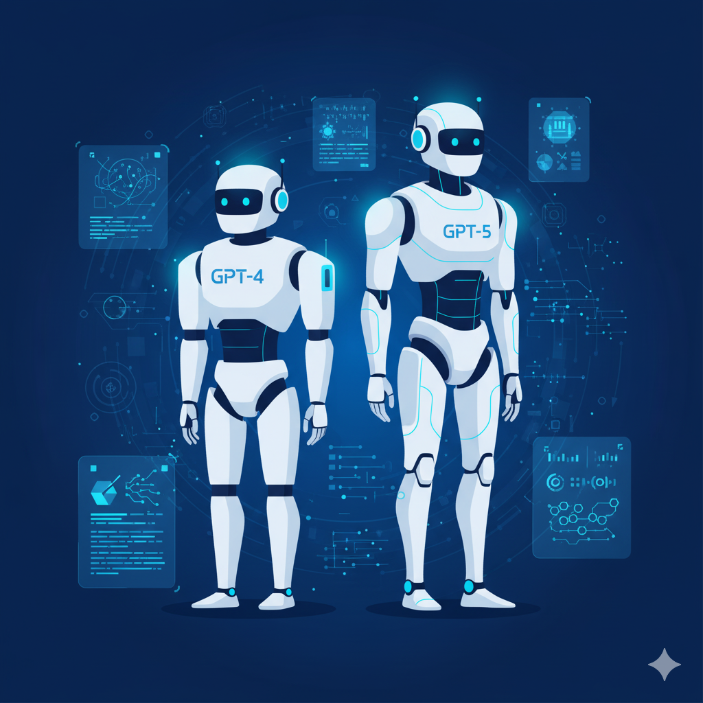 alt="GPT-4와 GPT-5 인공지능 로봇 비교 일러스트, 기능과 성능 차이를 상징적으로 표현한 이미지"