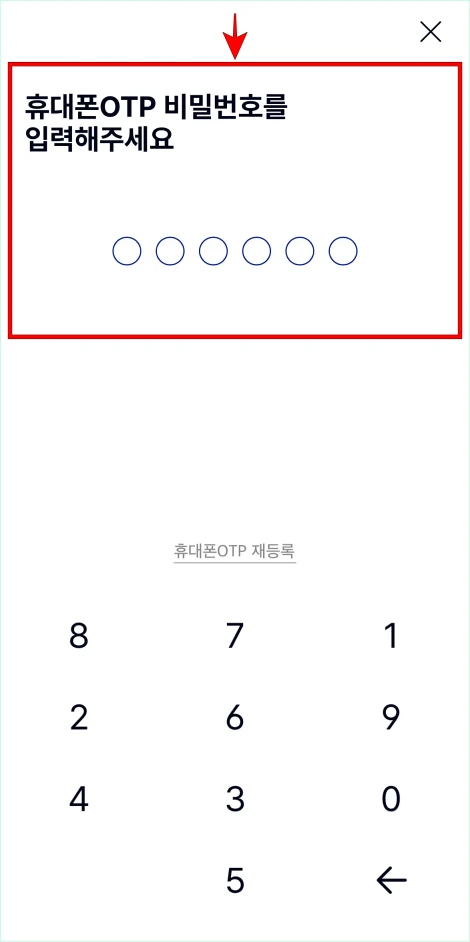 휴대폰 OTP의 비밀번호를 입력