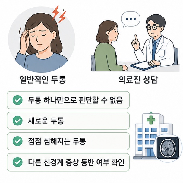 두통 하나만으로 뇌종양을 판단할 수 없으며 새롭게 생기거나 점점 심해지는 두통과 다른 신경계 증상을 함께 확인해야 함을 보여 주는 그림