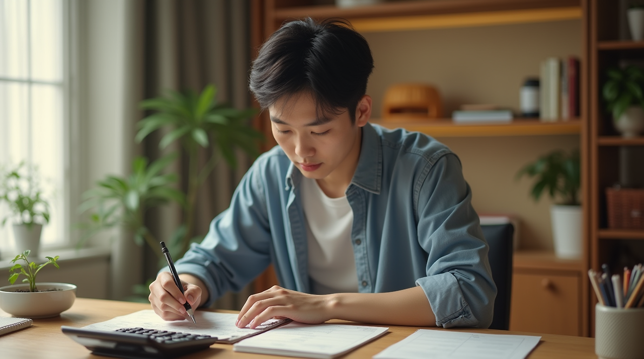 30대 한국인 남성이 책상에 앉아 청약통장과 계산기를 두고 납입 기록을 확인하는 장면