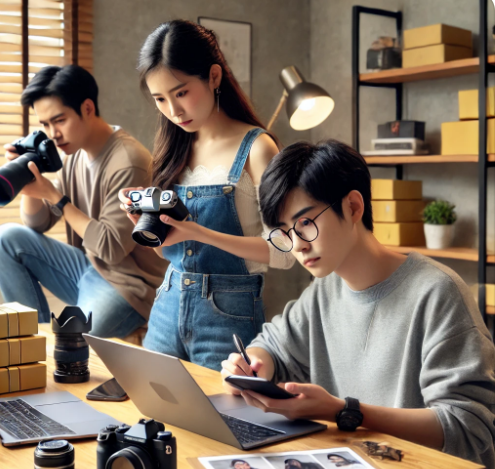 사진 찍으며 일하고 있는 젊은 사람 3명