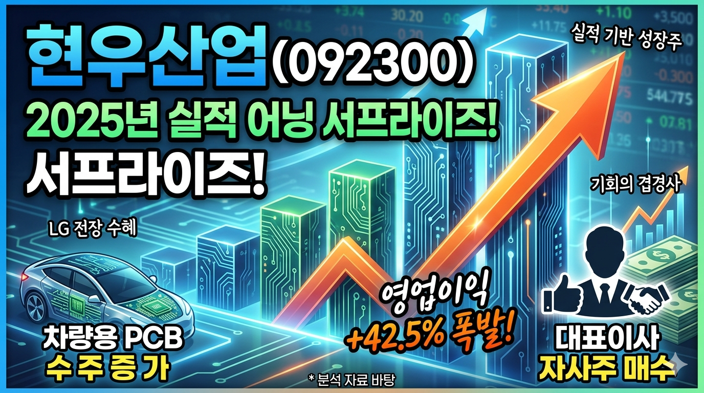 현우산업(092300)의 '2025년 실적 어닝 서프라이즈!' 및 '대표이사 자사주 매수'를 알리는 블로그 썸네일 이미지. 배경은 상승하는 그래프와 회로 기판 패턴이 결합되어 있다. 주황색 상승 화살표가 강력한 주가 상승을 시각화한다. 왼쪽 하단에는 'LG 전장 수혜', '차량용 PCB 수주 증가'라는 텍스트와 함께 전장 부품이 탑재된 미래형 전기차 이미지가 있다. 오른쪽 하단에는 양복 입은 실루엣과 '대표이사 자사주 매수' 텍스트가 있다. 중앙 하단에는 '영업이익 +42.5% 폭발!'이라는 텍스트가 있다. 상단에는 '실적 기반 성장주', '기회의 겹경사'라는 추가 문구가 있다. 전체적으로 파란색과 녹색 계열의 배경에 주황색 포인트 컬러를 사용하여 신뢰감과 역동성을 동시에 전달한다.