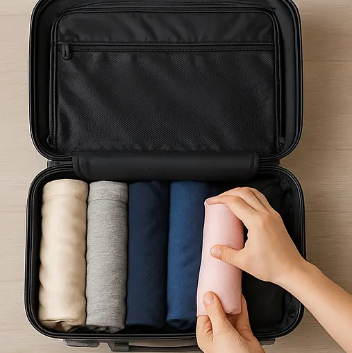 옷을 돌돌 말아 캐리어 안에 정리하는 롤링 팩킹 기법