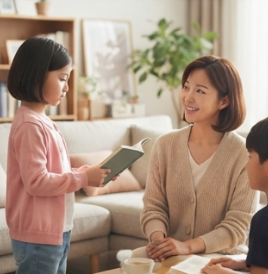 거실에서 가족에게 책 내용을 소개하는 아이