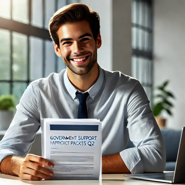 2025년 2분기 소상공인 지원사업 신청서를 확인하는 소상공인, 밝은 사무 공간