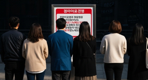 안내 표지판 옆에서 대기 중인 시민 뒷모습