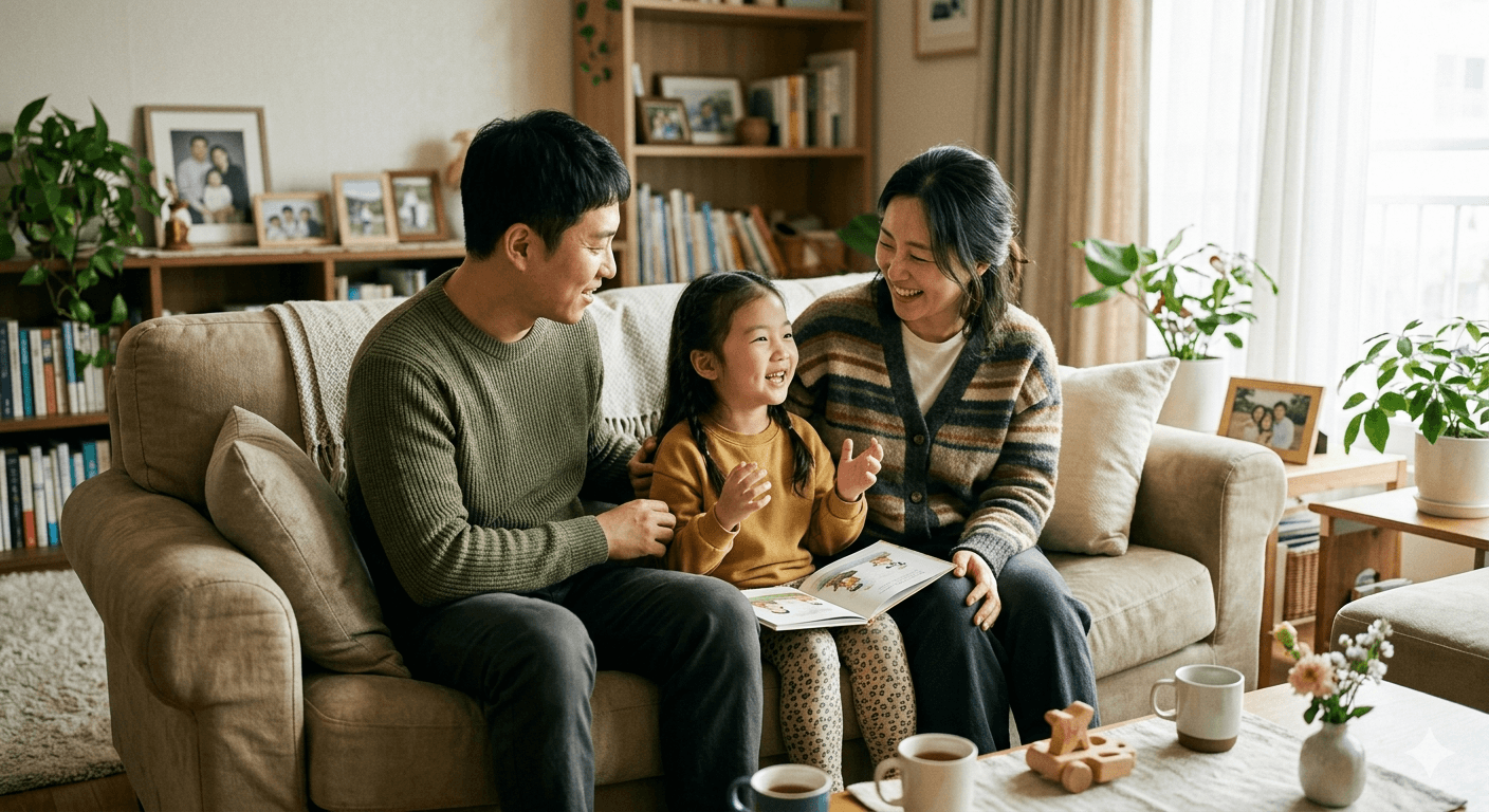 사회정서교육 실천 방법_가정에서 아이에게 그림책을 읽어주며 감정코칭 하는 모습