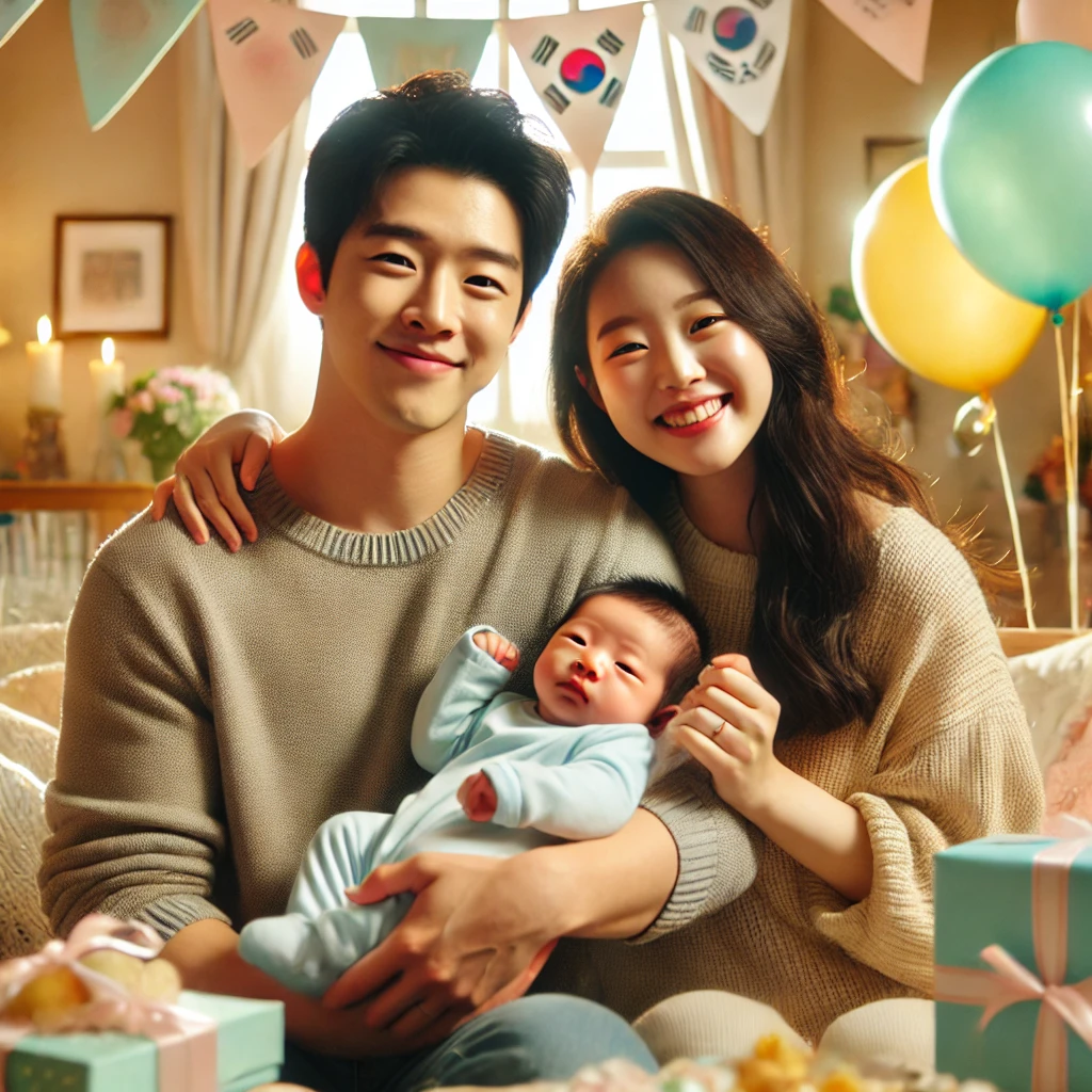 &quot;따뜻하고 아늑한 가정에서 신생아의 탄생을 축하하는 한국인 가족. 부모가 아기를 안고 기뻐하며, 주변에는 풍선과 축하 배너 등 장식이 되어 있어 행복한 분위기가 가득하다.&quot;