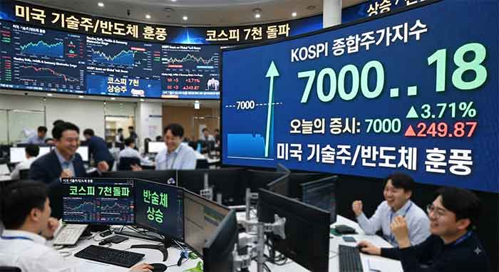증권사 사무실에서 직원들이 환호하며 대형 전광판에 표시된 코스피 7000선 돌파와 미국 기술주·반도체 훈풍 소식을 바라보고 있는 모습.