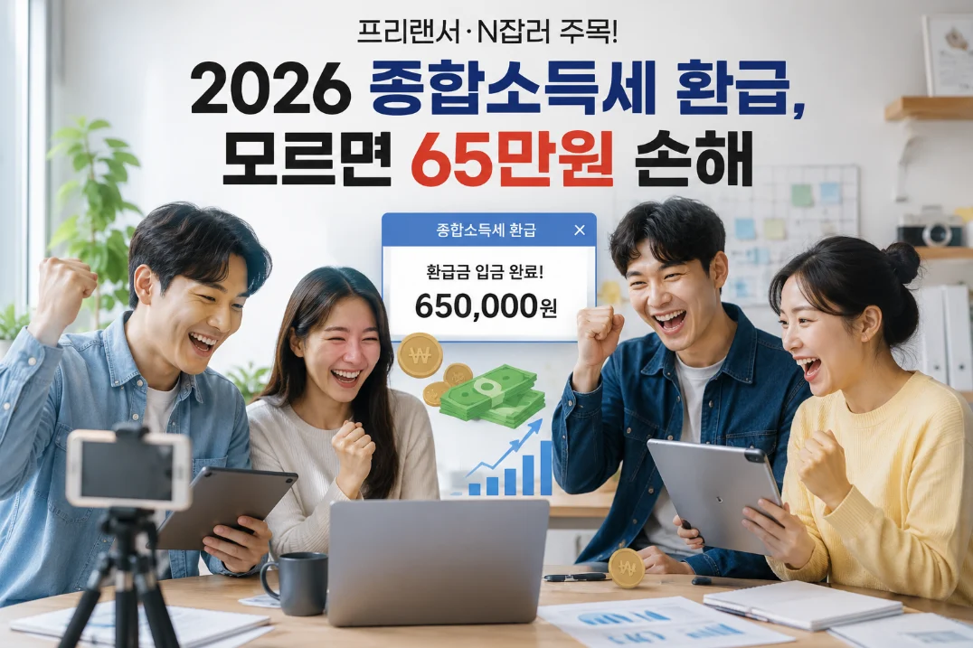 2026년 종합소득세 환급을 통해 65만원을 돌려받는 것에 기뻐하는 프리랜서와 N잡러들의 모습. 노트북, 태블릿 등 다양한 업무 도구들이 배경에 있고, 재정적 안정을 상징하는 그래픽이 함께 표현되어 있습니다.