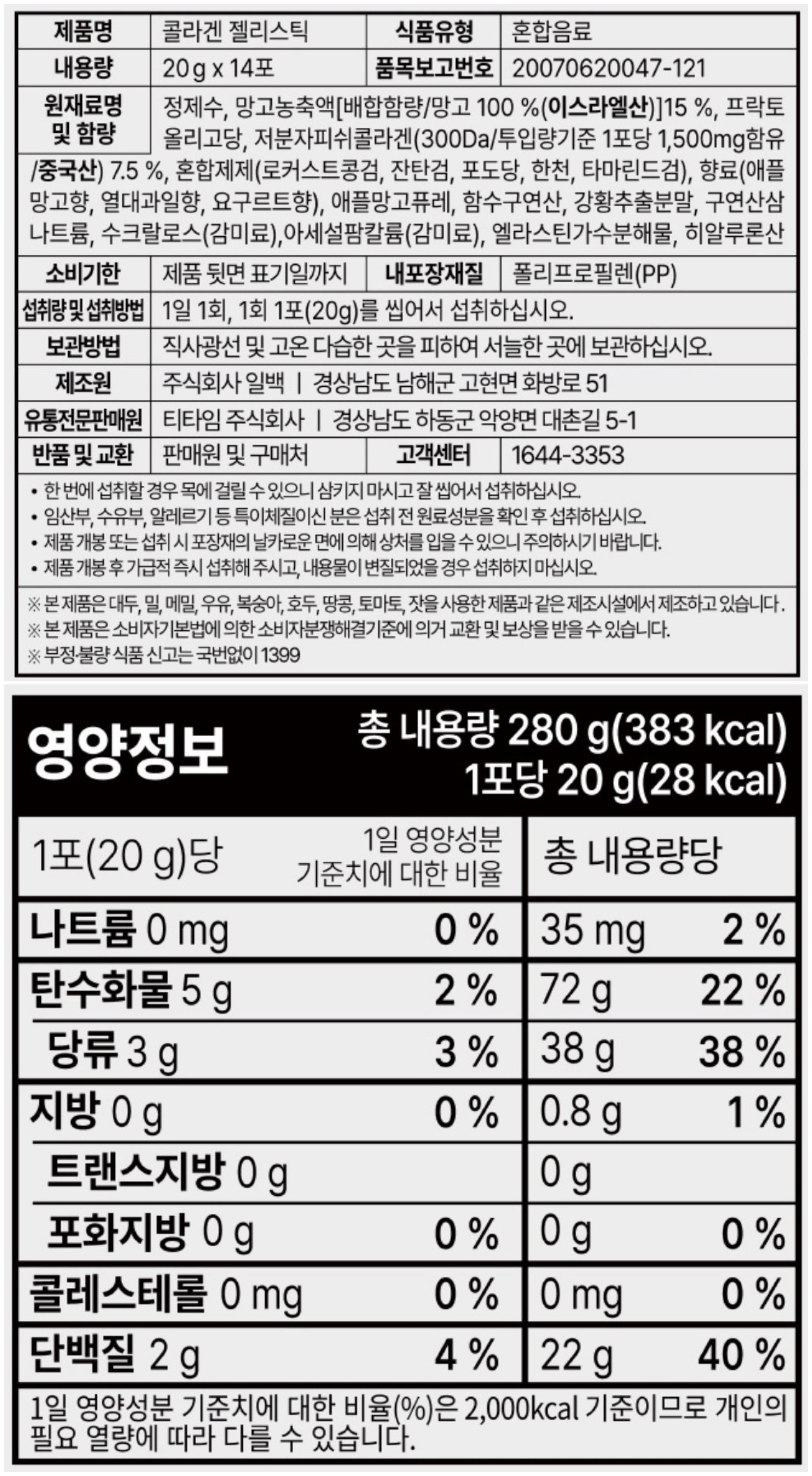 리유 콜라겐 젤리는 한박스에 20g씩 14포 들어있습니다.