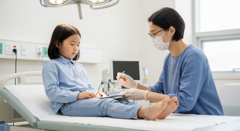 병원에서 어린이가 진료받는 모습
