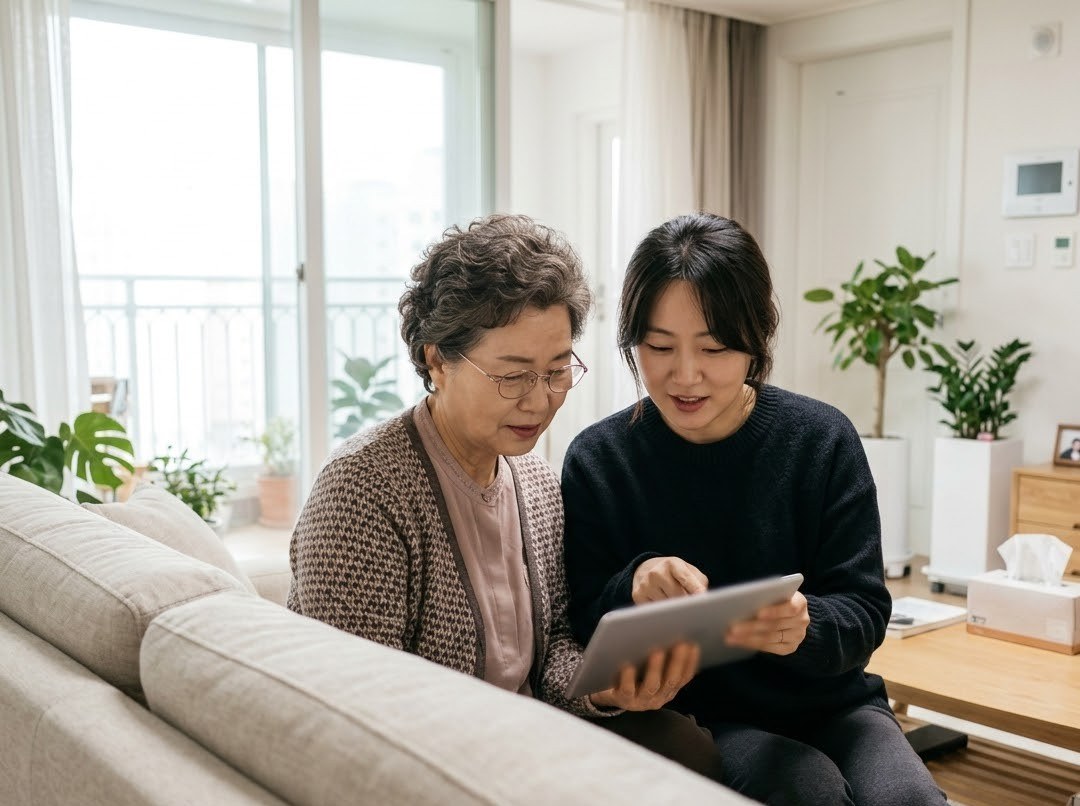 거실에서 태블릿으로 노인일자리 온라인 신청을 함께 알아보는 딸과 어머니