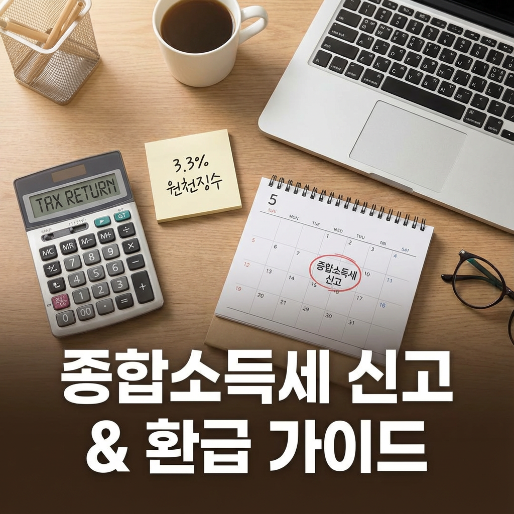 깔끔한 책상 위에 놓인 계산기와 '3.3%'라고 적힌 메모지, 그리고 5월 달력이 함께 배치된 모습. 프리랜서가 원천징수된 세금을 종합소득세 신고를 통해 정산하고 환급을 준비하는 과정을 상징하는 전문적인 썸네일 이미지.