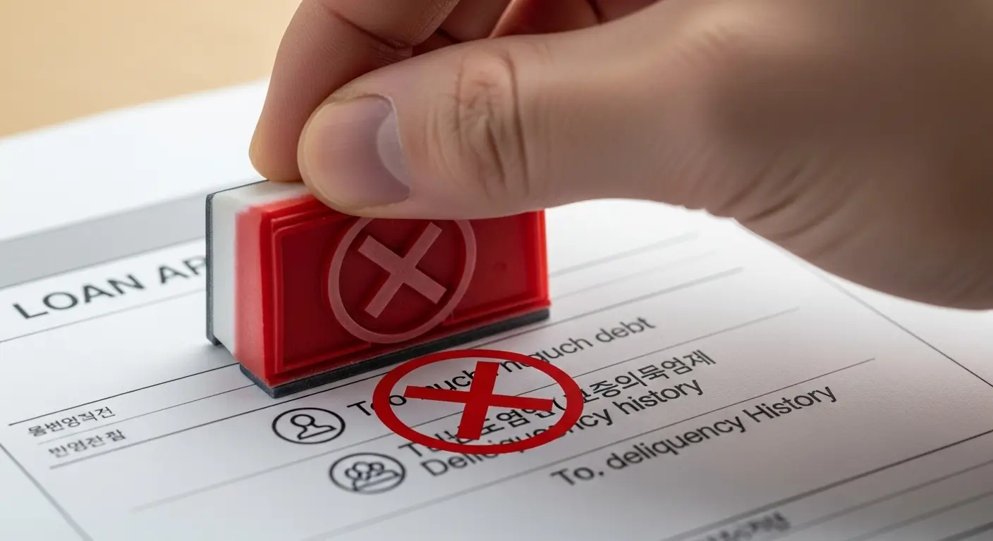 대출 서류 위에 기대출 과다, 연체 이력 등의 사유로 부결(X 표시) 도장이 찍히는 모습