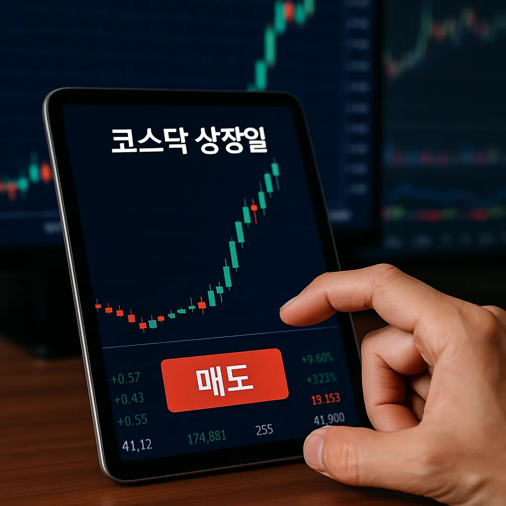 코스닥 상장일 주가 급등 차트를 보며 매도 버튼을 누르는 장면