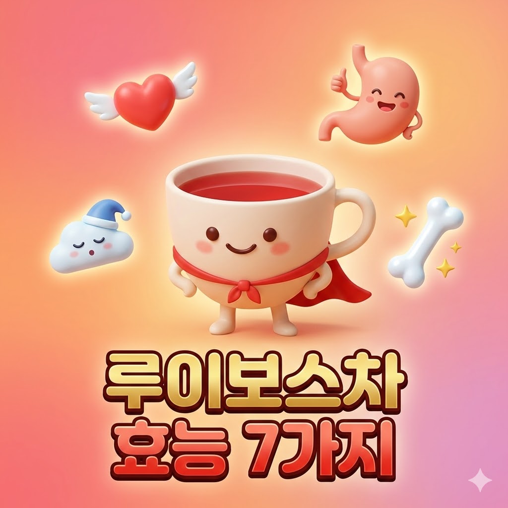 붉은 루이보스차가 담긴 귀여운 찻잔 캐릭터가 웃고 있고, 그 주변에 심장, 위, 잠자는 구름, 뼈 등 건강 효능을 상징하는 아기자기한 아이콘들이 떠다니는 3D 카툰 일러스트. '루이보스차 효능 7가지'라는 한글 텍스트가 강조되어 있다.