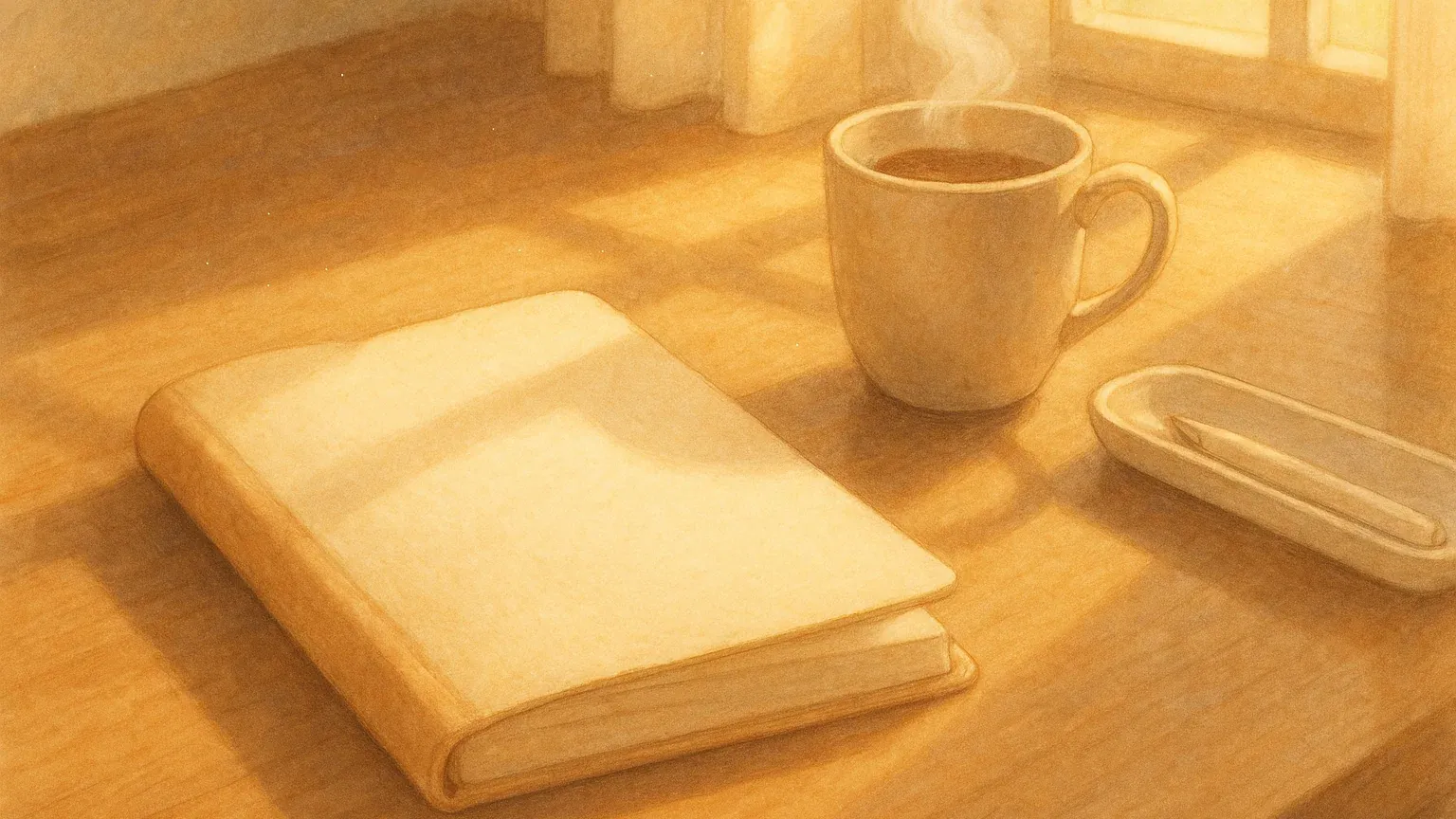 따뜻한 톤의 감사 일기장과 함께 차분한 분위기의 데스크 풍경, 아침 햇살이 비치는 모습