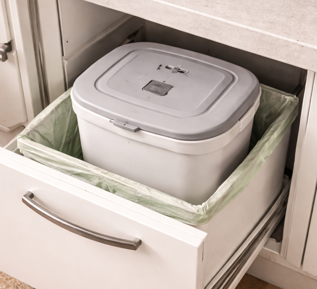 주방 서랍 안에 놓인 뚜껑 닫힌 음식물 쓰레기통