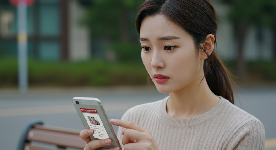 112 긴급신고 앱으로 신고하는 여성 이미지