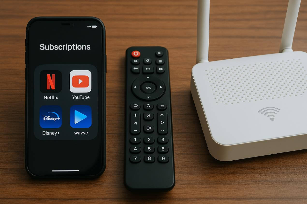 넷플릭스&middot;유튜브&middot;디즈니+&middot;웨이브 등 구독 서비스와 TV 리모컨, 와이파이 공유기가 함께 놓여 있는 모습