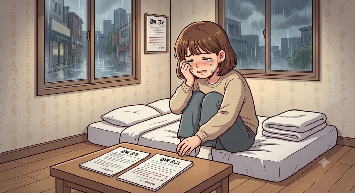 깡통전세로 집이 경매로 넘겨져 울고잇는 임차인을 표현한 이미지