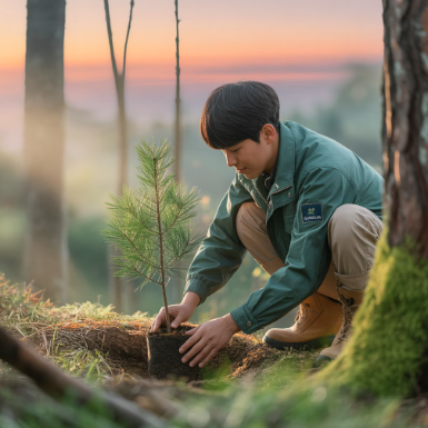 산에서 화분을 관리하는 사람모습