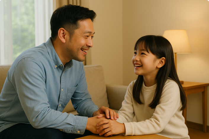 거실에서 아버지와 딸이 마주 앉아 웃으며 손을 잡고 대화하는 모습, 따뜻한 분위기의 가족 장면