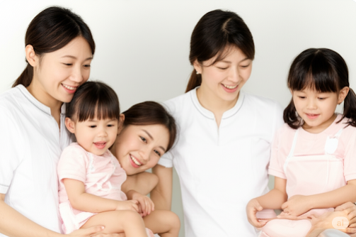 환하게 웃고 있는 워킹맘과 자녀들에 관한 사진