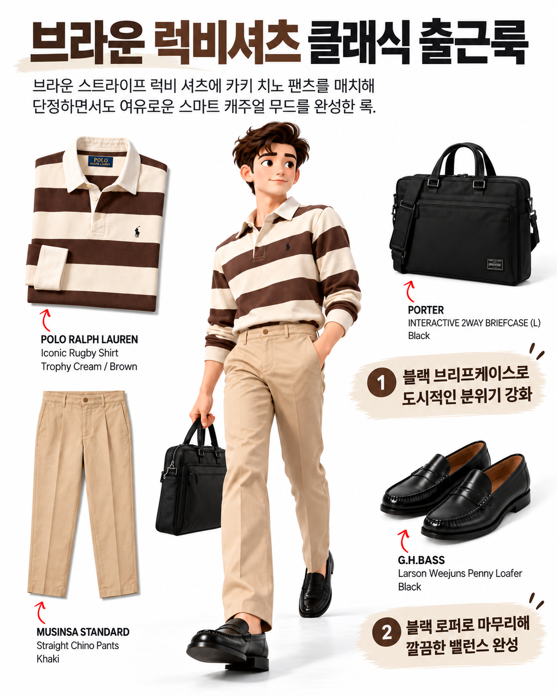 크림 브라운 폴로 럭비티와 밝은 카키 치노팬츠 남자 코디