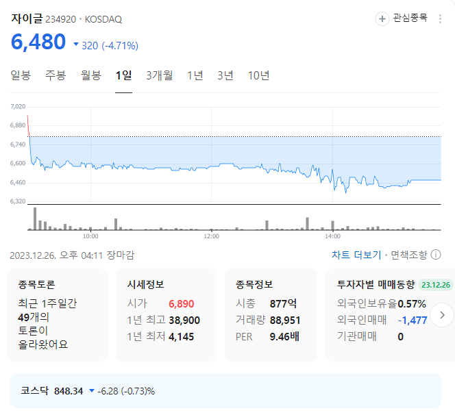 자이글 주가