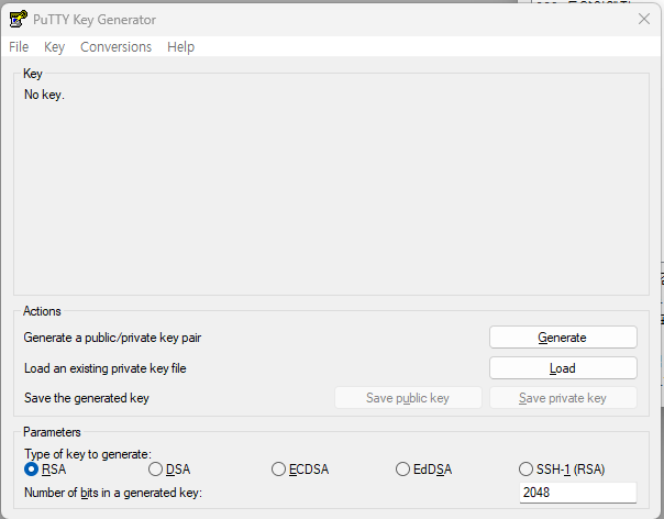 PuTTYgen 실행 화면