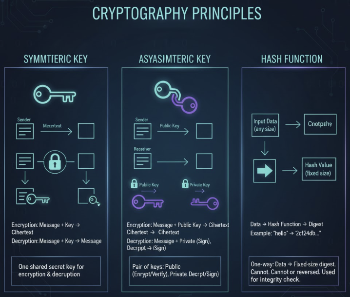 암호화 방식 비교 다이어그램. 대칭키는 하나의 열쇠 아이콘, 비대칭키는 두 개의 다른 열쇠 아이콘(공개/개인)으로 표현되어 있으며, 해시 함수는 입력 데이터가 일방향으로 고정 길이 출력(지문)을 만드는 과정을 보여준다.