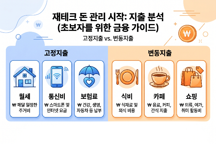 고정지출과 변동지출 항목을 좌우로 비교한 금융 인포그래픽