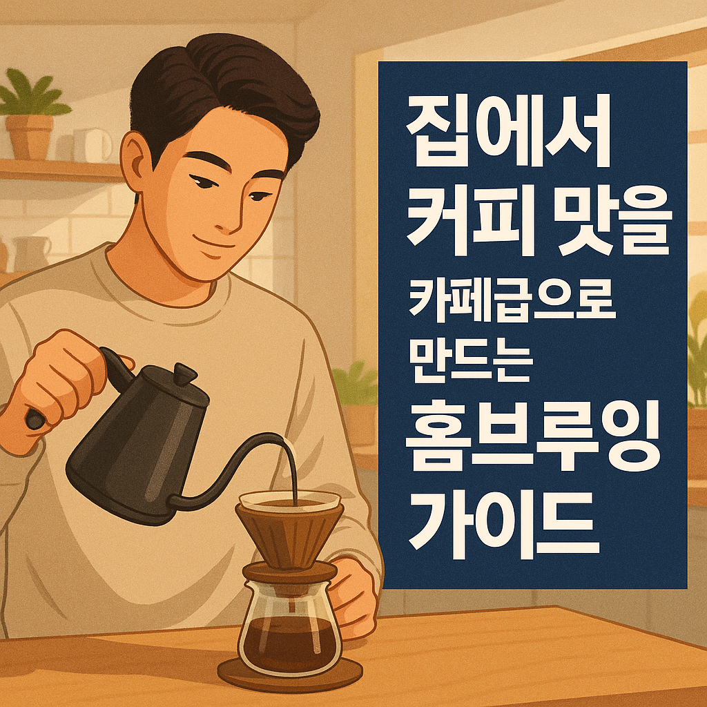 집에서 드립 커피를 내리는 남성이 집중한 모습으로 커피 브루잉 과정을 담은 장면, 옆에는 ‘집에서 커피 맛을 카페급으로 만드는 홈브루잉 가이드’라는 문구가 들어간 썸네일.
