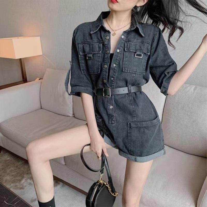 스트릿 오버롤 데님 청 점프슈트 스트랩 여성용 작업복 반팔 반바지