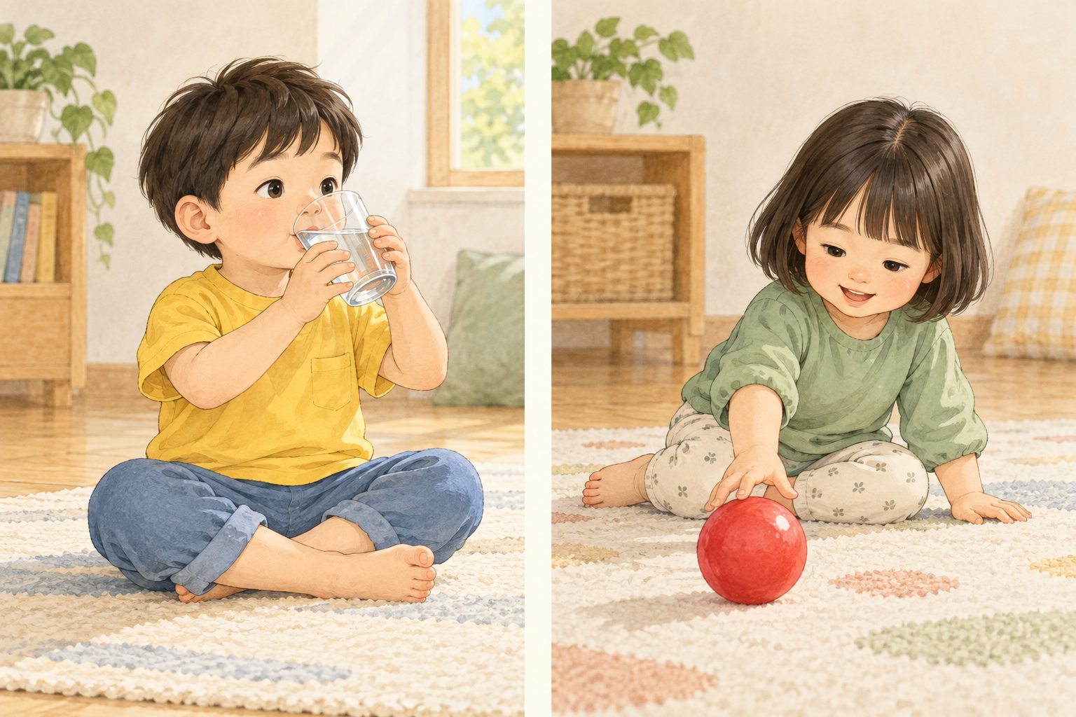 왼쪽은 컵으로 물을 마시는 아이, 오른쪽은 바닥에서 공을 굴리는 아이