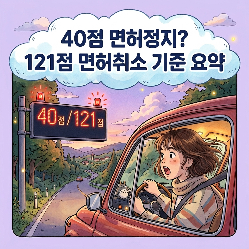 2026년 교통법규 위반 벌점 기준표 요약 벌점 40점 정지 121점 면허 취소 수치 안내