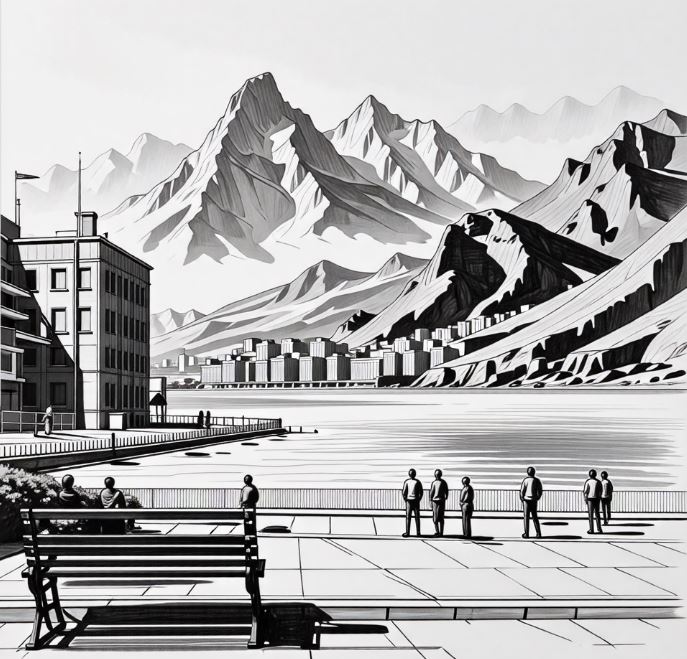 연필 건물, 자연, 사람 복합 풍경