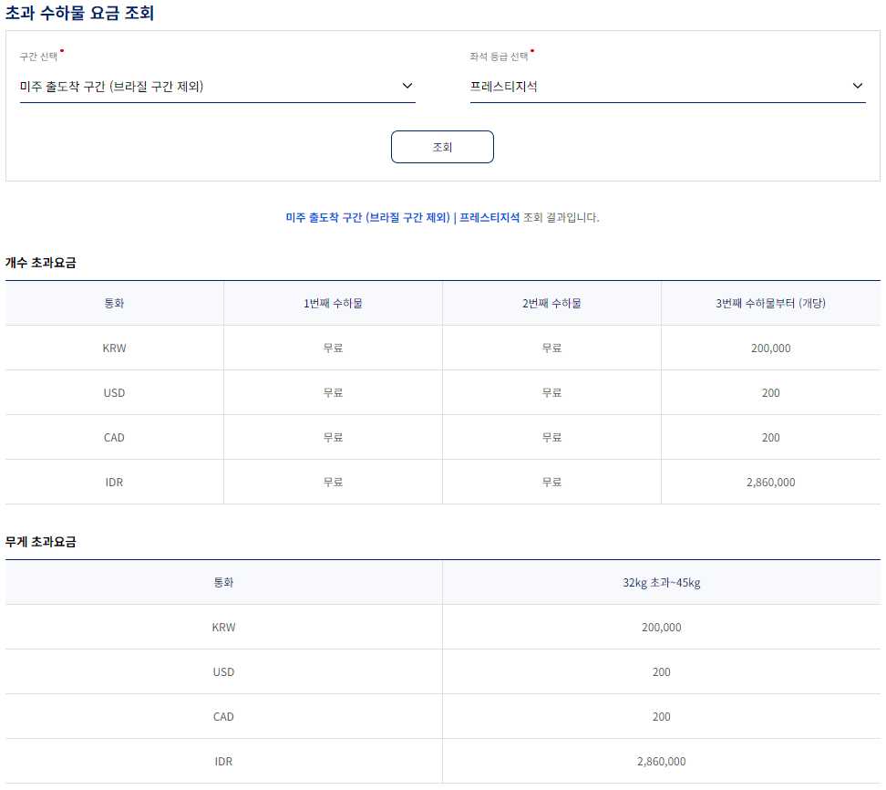 대한항공 초과 수하물 요금 규정-미주 출도착 구간(브라질 구간 제외)-프레스티지석