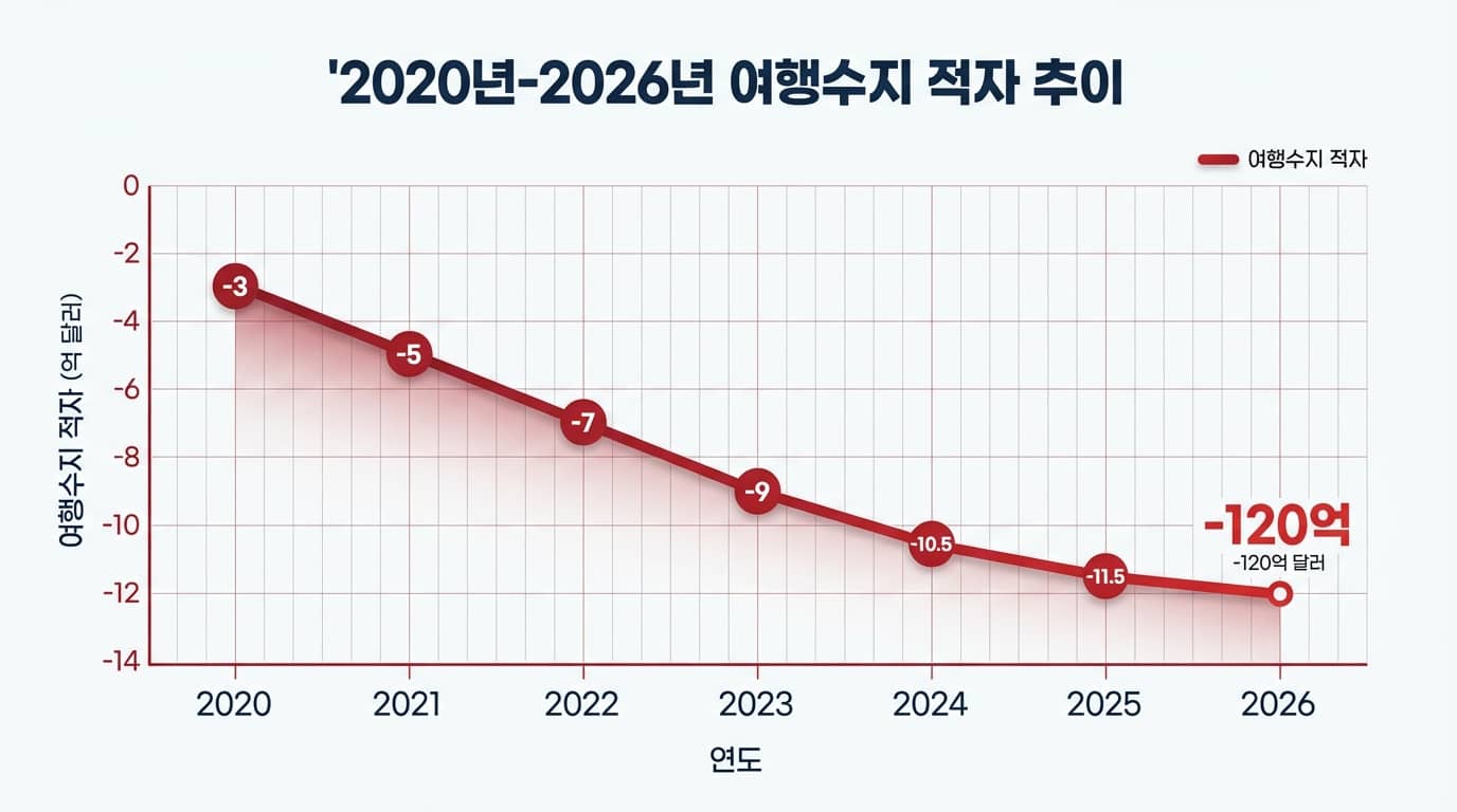 여행수지 적자 추이 그래프 (2020-2026) - 120억 달러 기록