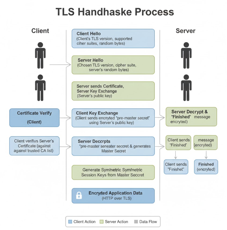 TLS 핸드셰이크 과정을 간략히 보여주는 단계별 플로우 차트