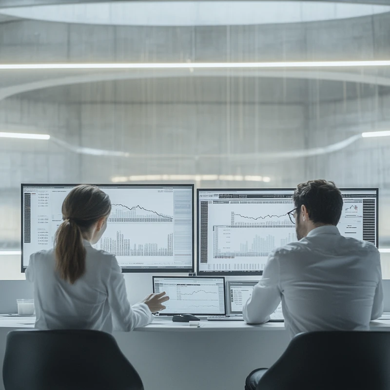 투자자들이 현대적 사무실에서 미국 월배당 ETF 수익률 차트를 분석 중이다. 디지털 화면이 부드럽게 빛나며, 깊은 집중의 분위기다.
