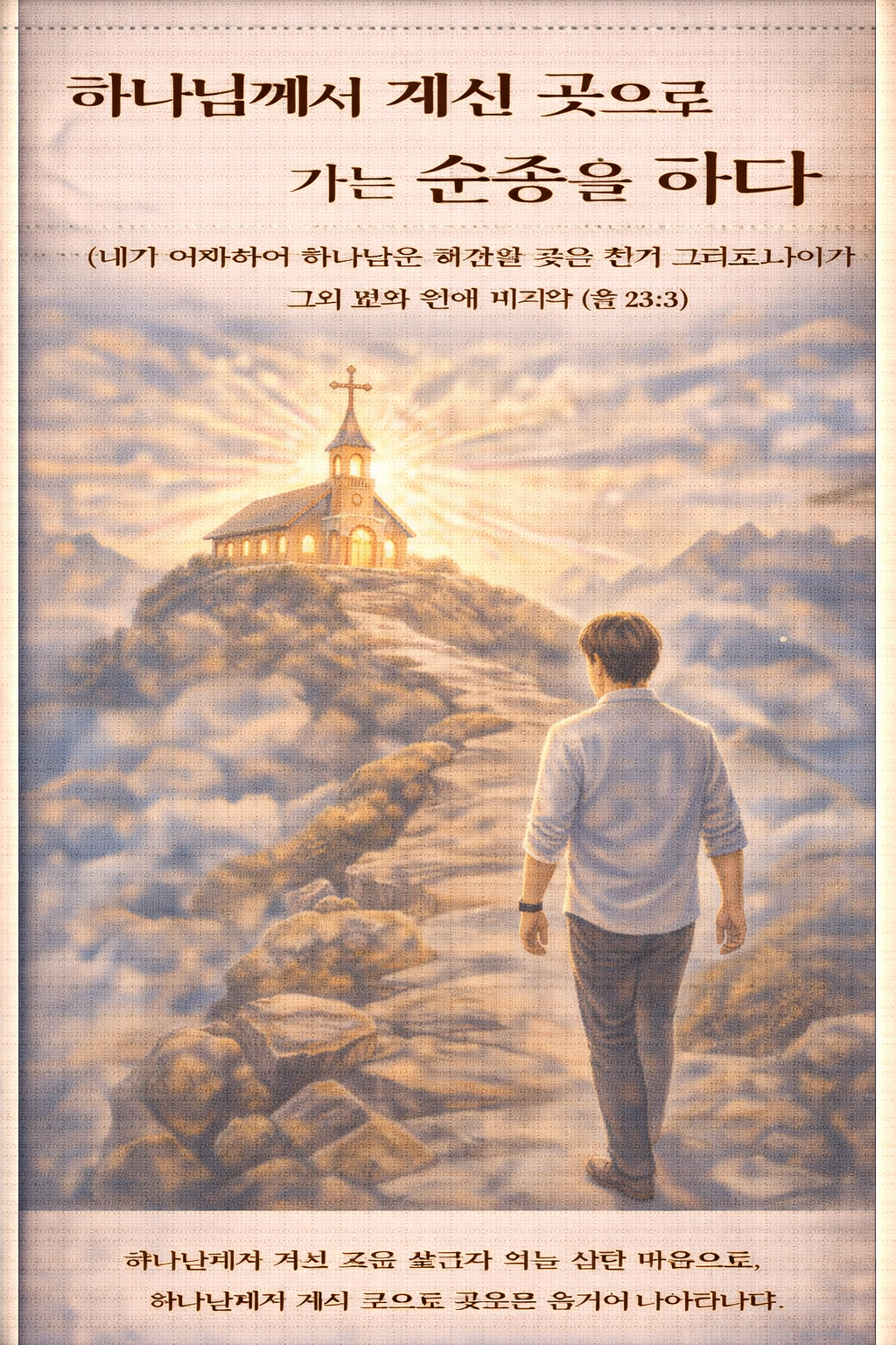 욥23:3 말씀을 보며&amp;#44; 욥이 하나님께서 계신 곳을 찾았을 때 그 곳으로 가며 하나님을 만나고자 하는 선한 마음을 품었던 것이 도전이 되었고&amp;#44; 저도 하나님을 만나고자 하는 선한 마음을 가지고 하나님께서 계신 곳으로 먼저 발걸음을 옮기고자 하는 마음을 가지고&amp;#44; 하나님께서 계신 곳으로 가는 순종을 하는 모습입니다.