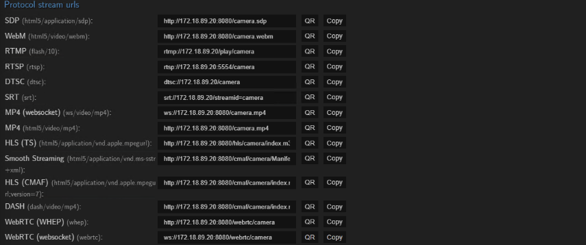 스트림 Urls 예시 화면