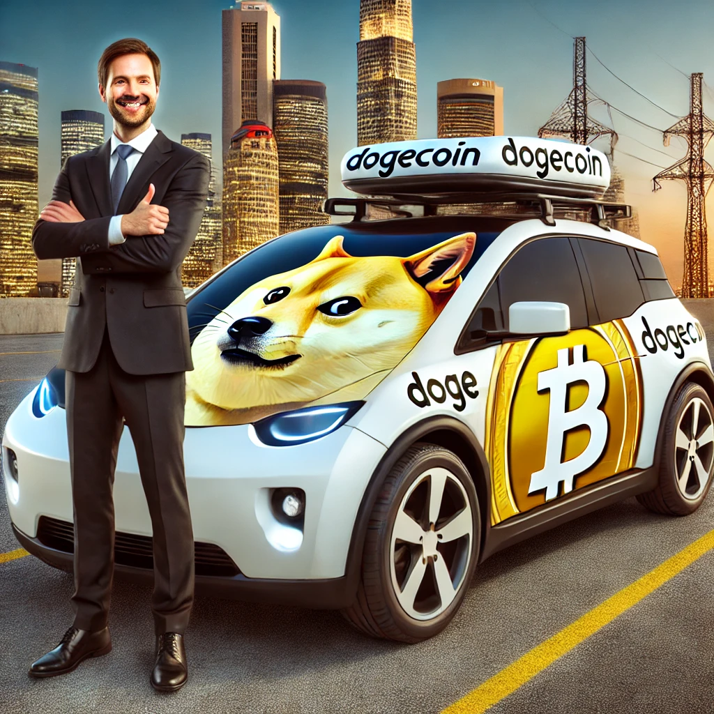 도지코인 로고가 있는 전기차 옆의 CEO