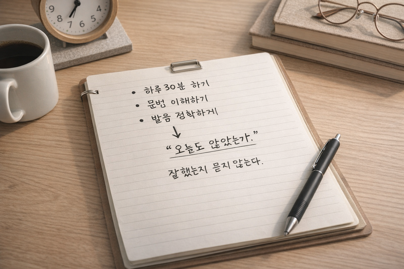 50대 영어 학습자가 노트에 기준을 적으며 하루 5문장 영어 루틴을 준비하는 차분한 책상 위 장면