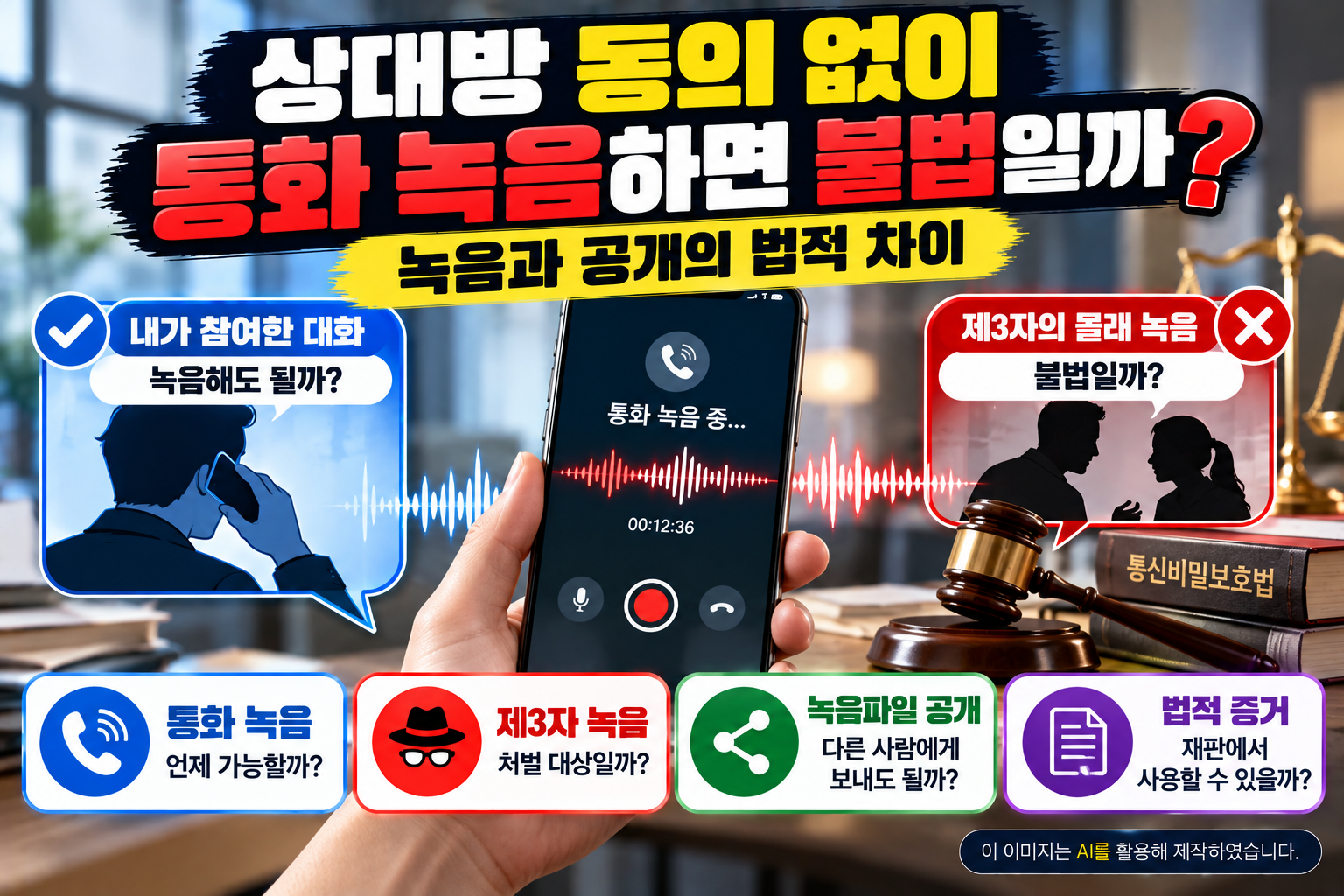 상대방 동의 없는 통화 녹음의 불법 여부와 제3자 녹음, 녹음파일 공개 및 법적 증거 활용 기준을 설명하는 이미지