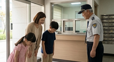 엄마가 아이 손을 잡고 경비원에게 인사하는 모습